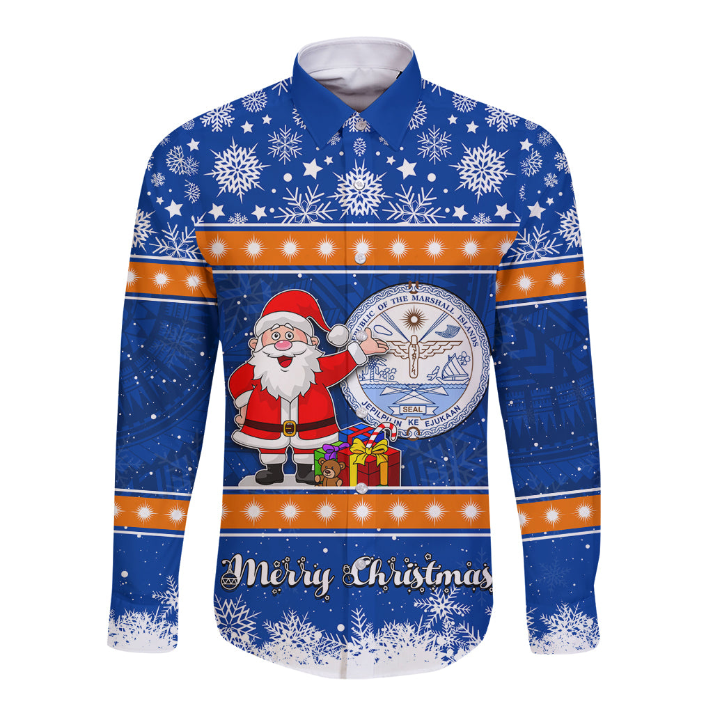 Marshall Islands Christmas Long Sleeve Button Shirt Santa Claus and Coat of Arms Mix Polynesian Xmas Style LT03 Unisex Blue - Polynesian Pride