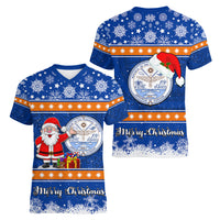 Marshall Islands Christmas Women V Neck T Shirt Santa Claus and Coat of Arms Mix Polynesian Xmas Style LT03 - Polynesian Pride