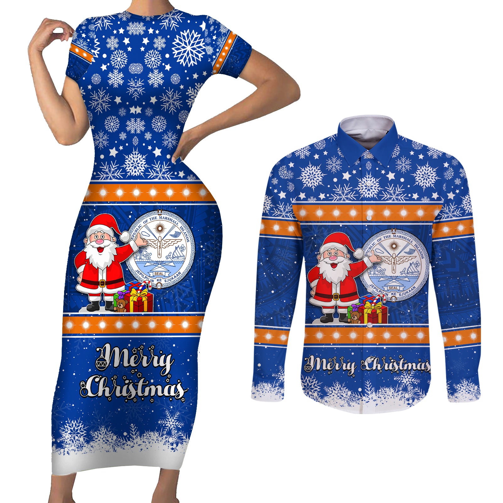 Personalised Marshall Islands Christmas Couples Matching Short Sleeve Bodycon Dress and Long Sleeve Button Shirt Santa Claus and Coat of Arms Mix Polynesian Xmas Style LT03 Blue - Polynesian Pride