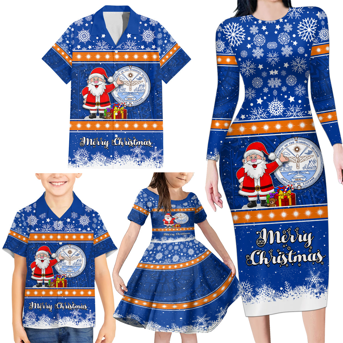 Personalised Marshall Islands Christmas Family Matching Long Sleeve Bodycon Dress and Hawaiian Shirt Santa Claus and Coat of Arms Mix Polynesian Xmas Style LT03 - Polynesian Pride