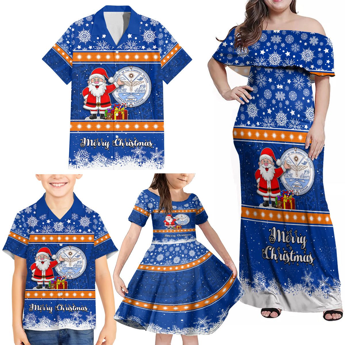 Personalised Marshall Islands Christmas Family Matching Off Shoulder Maxi Dress and Hawaiian Shirt Santa Claus and Coat of Arms Mix Polynesian Xmas Style LT03 - Polynesian Pride