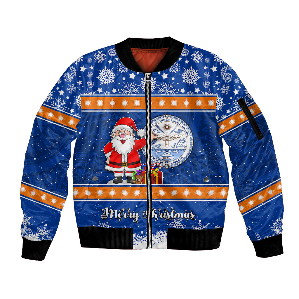 Personalised Marshall Islands Christmas Sleeve Zip Bomber Jacket Santa Claus and Coat of Arms Mix Polynesian Xmas Style LT03 Unisex Blue - Polynesian Pride