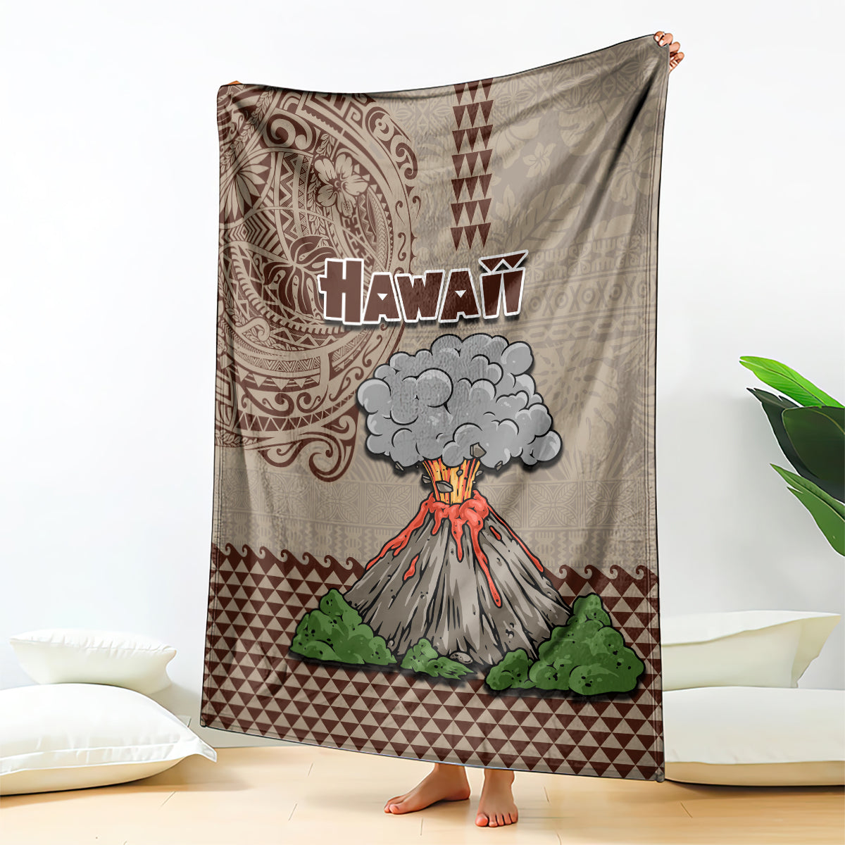 Hawaii Blanket Aloha Volcano Mix Kakau Hawaiian Tribal LT03 Beige - Polynesian Pride