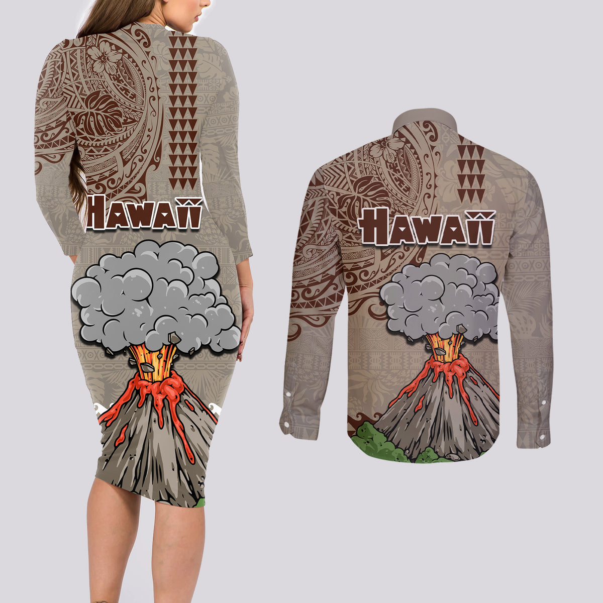 Hawaii Couples Matching Long Sleeve Bodycon Dress and Long Sleeve Button Shirt Aloha Volcano Mix Kakau Hawaiian Tribal LT03 - Polynesian Pride