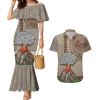 Hawaii Couples Matching Mermaid Dress and Hawaiian Shirt Aloha Volcano Mix Kakau Hawaiian Tribal LT03 Beige - Polynesian Pride