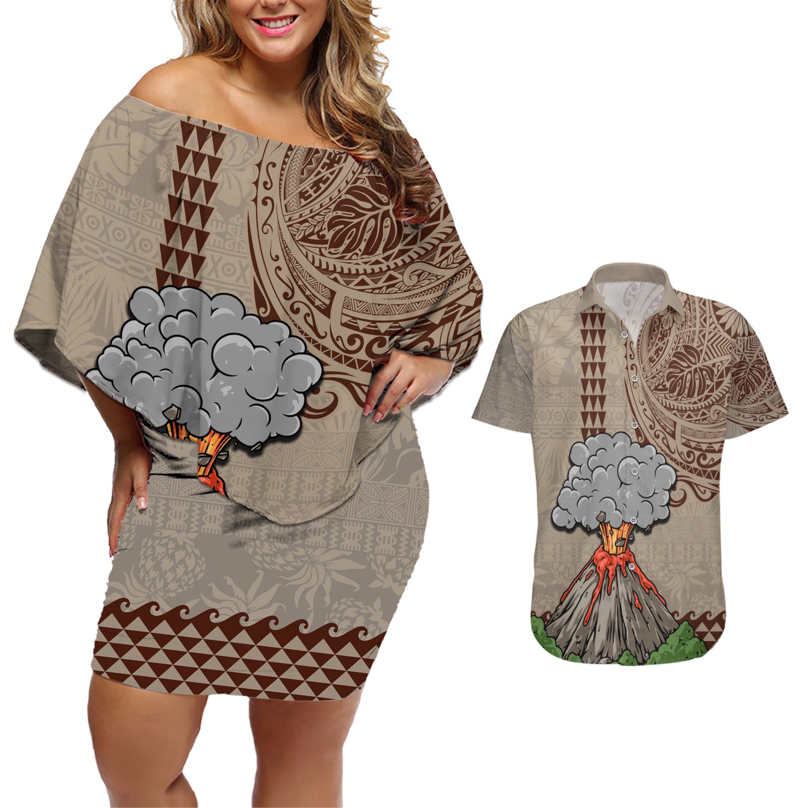 Hawaii Couples Matching Off Shoulder Short Dress and Hawaiian Shirt Aloha Volcano Mix Kakau Hawaiian Tribal LT03 Beige - Polynesian Pride
