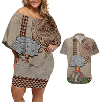 Hawaii Couples Matching Off Shoulder Short Dress and Hawaiian Shirt Aloha Volcano Mix Kakau Hawaiian Tribal LT03 Beige - Polynesian Pride
