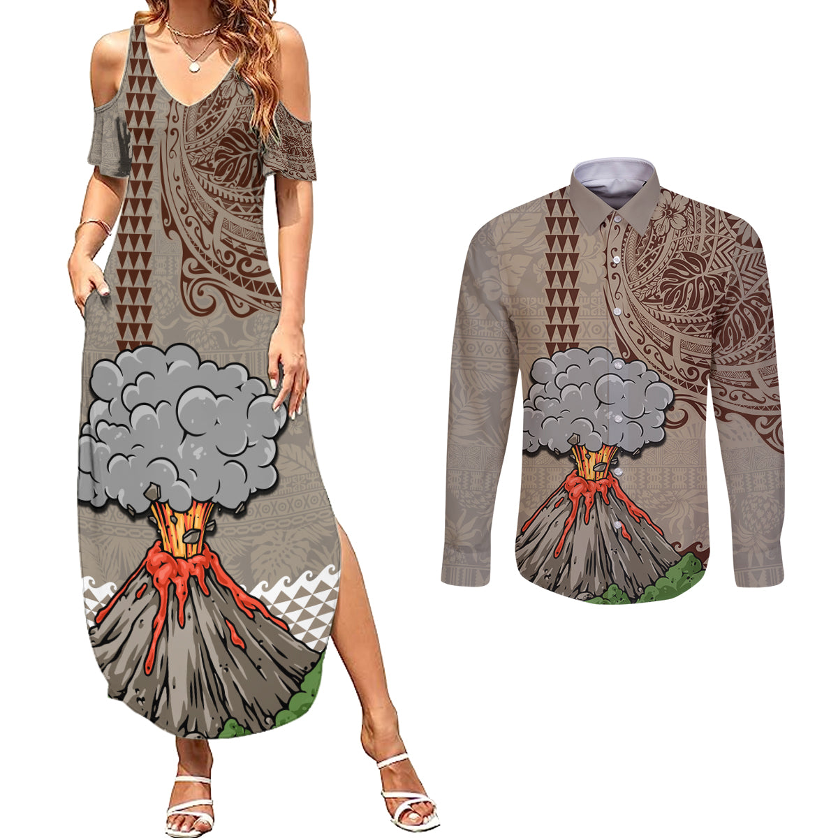 Hawaii Couples Matching Summer Maxi Dress and Long Sleeve Button Shirt Aloha Volcano Mix Kakau Hawaiian Tribal LT03 Beige - Polynesian Pride