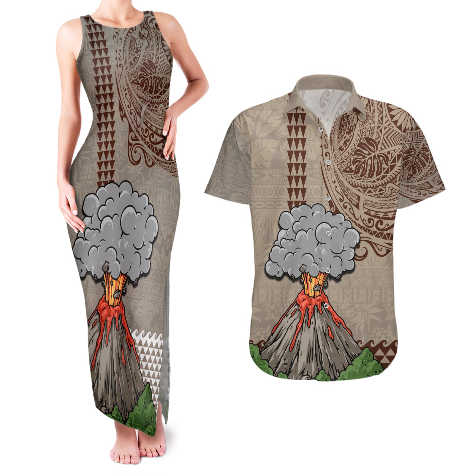 Hawaii Couples Matching Tank Maxi Dress and Hawaiian Shirt Aloha Volcano Mix Kakau Hawaiian Tribal LT03 Beige - Polynesian Pride