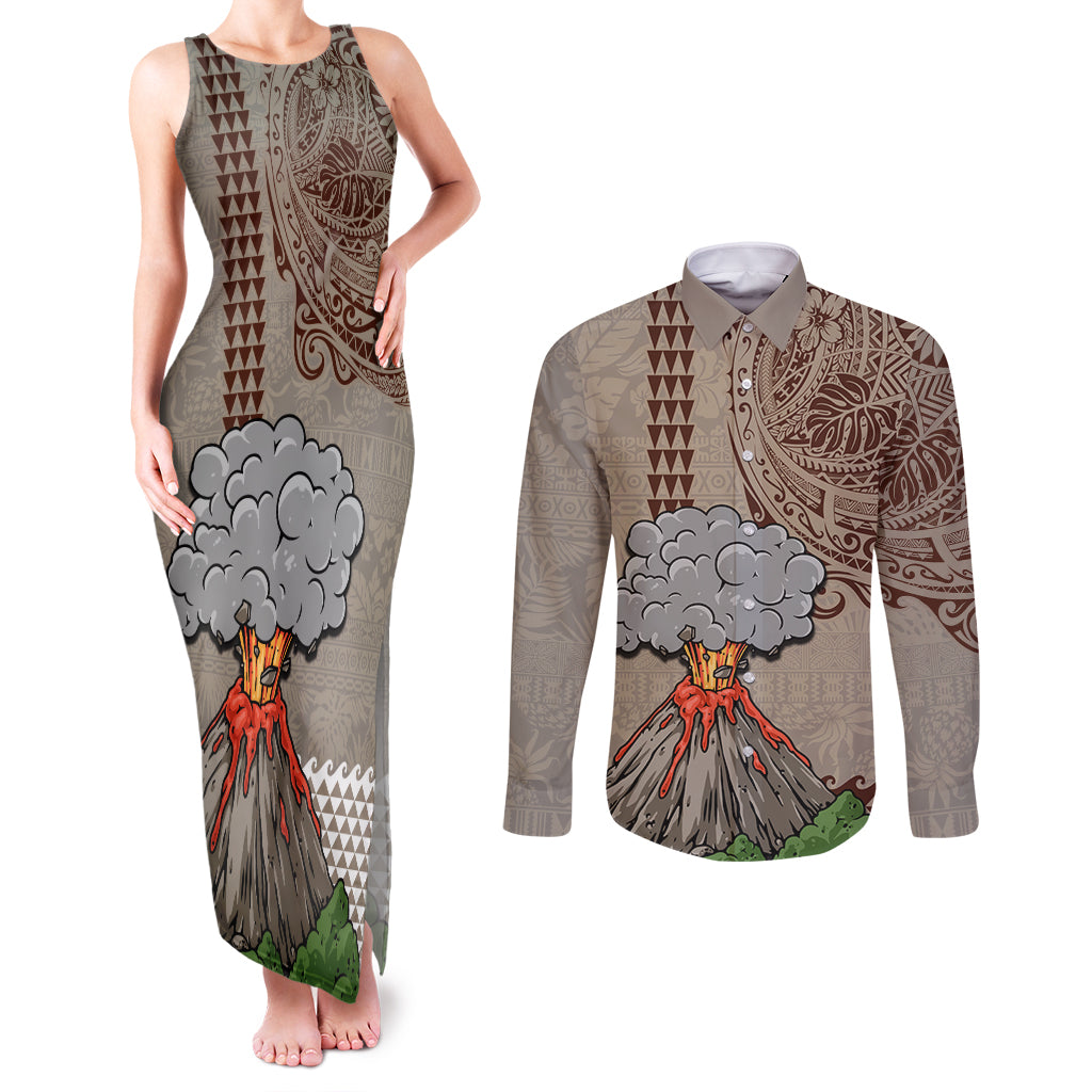 Hawaii Couples Matching Tank Maxi Dress and Long Sleeve Button Shirt Aloha Volcano Mix Kakau Hawaiian Tribal LT03 Beige - Polynesian Pride