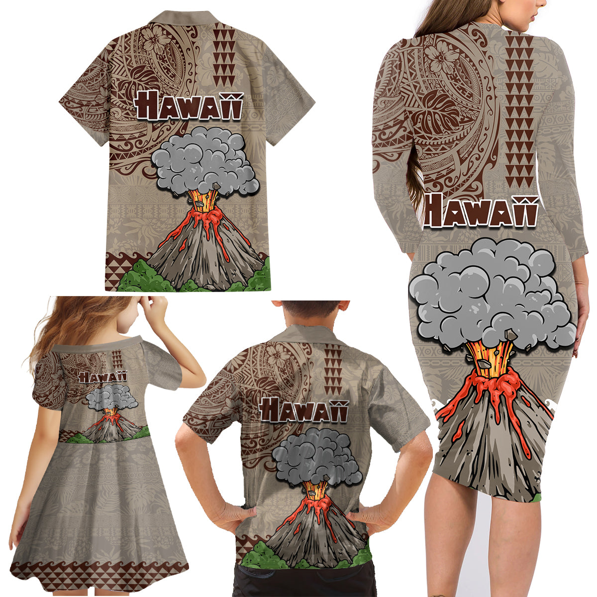 Hawaii Family Matching Long Sleeve Bodycon Dress and Hawaiian Shirt Aloha Volcano Mix Kakau Hawaiian Tribal LT03 - Polynesian Pride