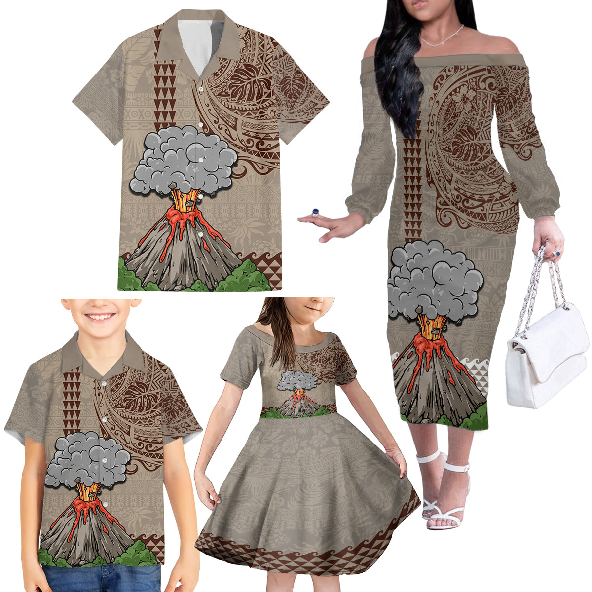 Hawaii Family Matching Off Shoulder Long Sleeve Dress and Hawaiian Shirt Aloha Volcano Mix Kakau Hawaiian Tribal LT03 - Polynesian Pride