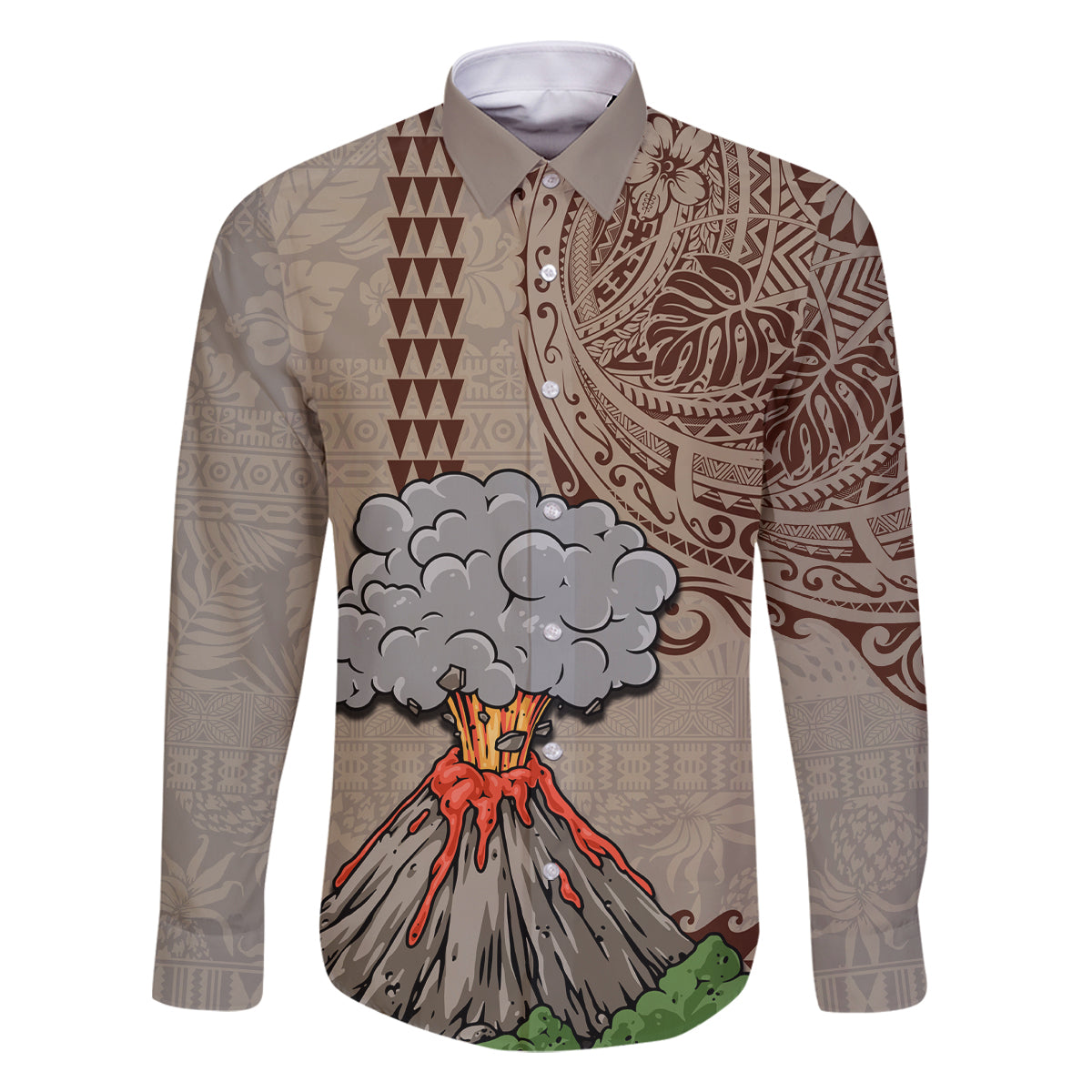Hawaii Family Matching Off Shoulder Long Sleeve Dress and Hawaiian Shirt Aloha Volcano Mix Kakau Hawaiian Tribal LT03 Dad's Shirt - Long Sleeve Beige - Polynesian Pride