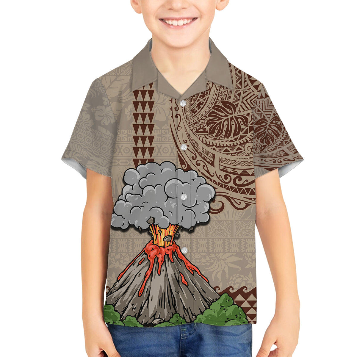 Hawaii Family Matching Puletasi Dress and Hawaiian Shirt Aloha Volcano Mix Kakau Hawaiian Tribal LT03 Son's Shirt Beige - Polynesian Pride