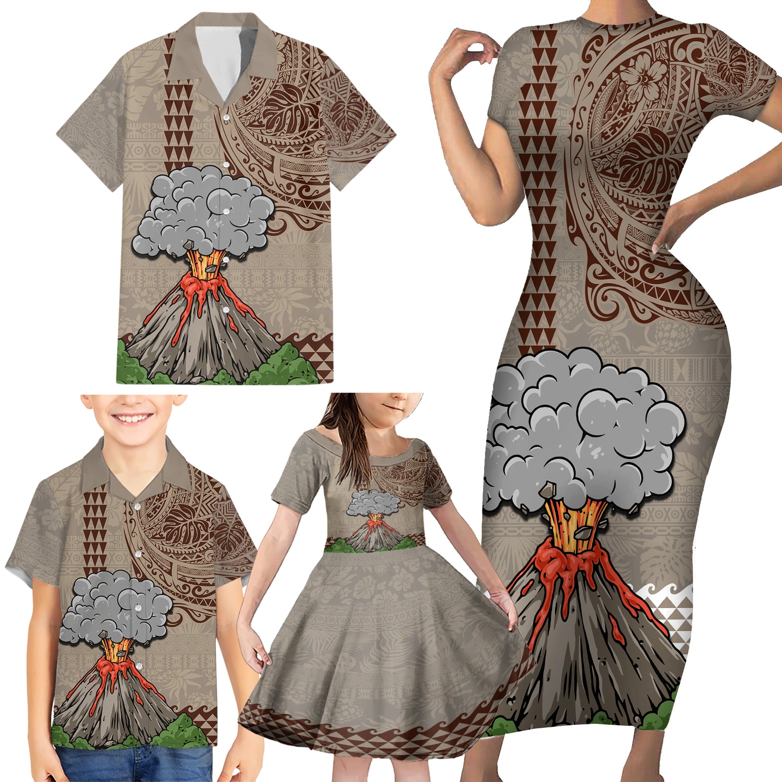 Hawaii Family Matching Short Sleeve Bodycon Dress and Hawaiian Shirt Aloha Volcano Mix Kakau Hawaiian Tribal LT03 - Polynesian Pride