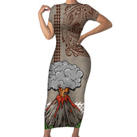 Hawaii Family Matching Short Sleeve Bodycon Dress and Hawaiian Shirt Aloha Volcano Mix Kakau Hawaiian Tribal LT03 Mom's Dress Beige - Polynesian Pride