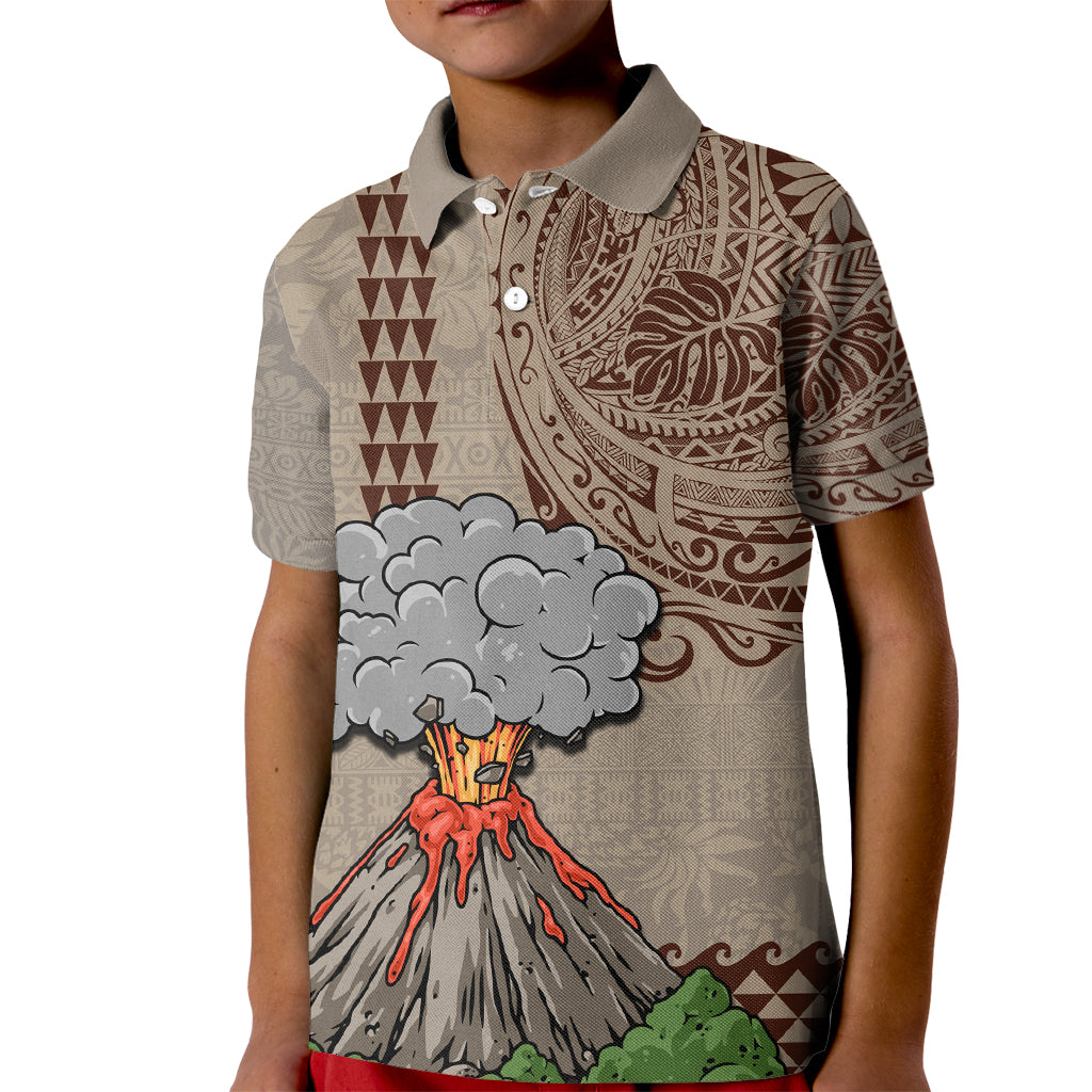 Hawaii Kid Polo Shirt Aloha Volcano Mix Kakau Hawaiian Tribal LT03 Kid Beige - Polynesian Pride