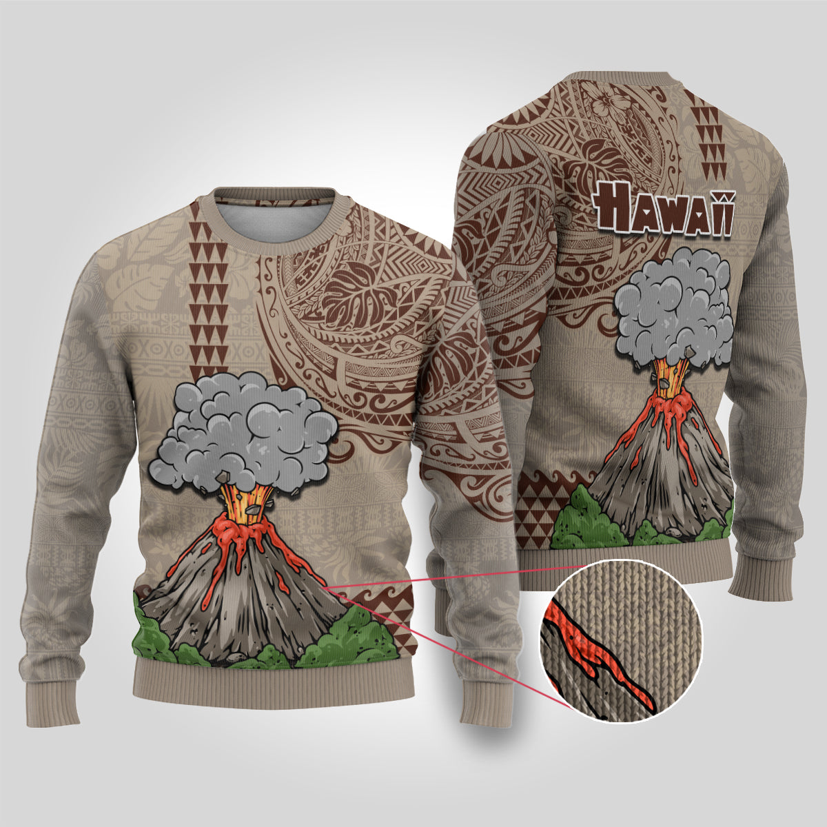 Hawaii Ugly Christmas Sweater Aloha Volcano Mix Kakau Hawaiian Tribal LT03 Beige - Polynesian Pride