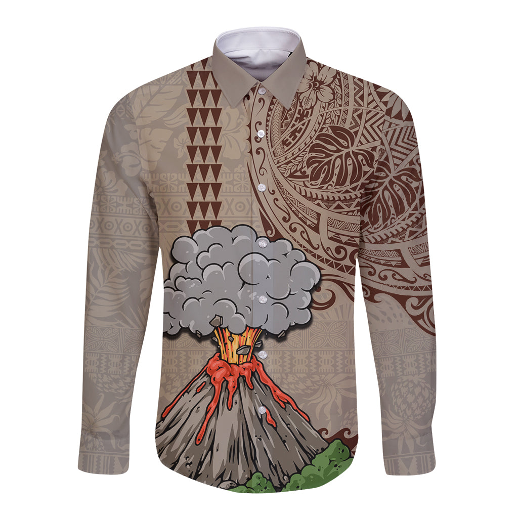 Hawaii Long Sleeve Button Shirt Aloha Volcano Mix Kakau Hawaiian Tribal LT03 Unisex Beige - Polynesian Pride