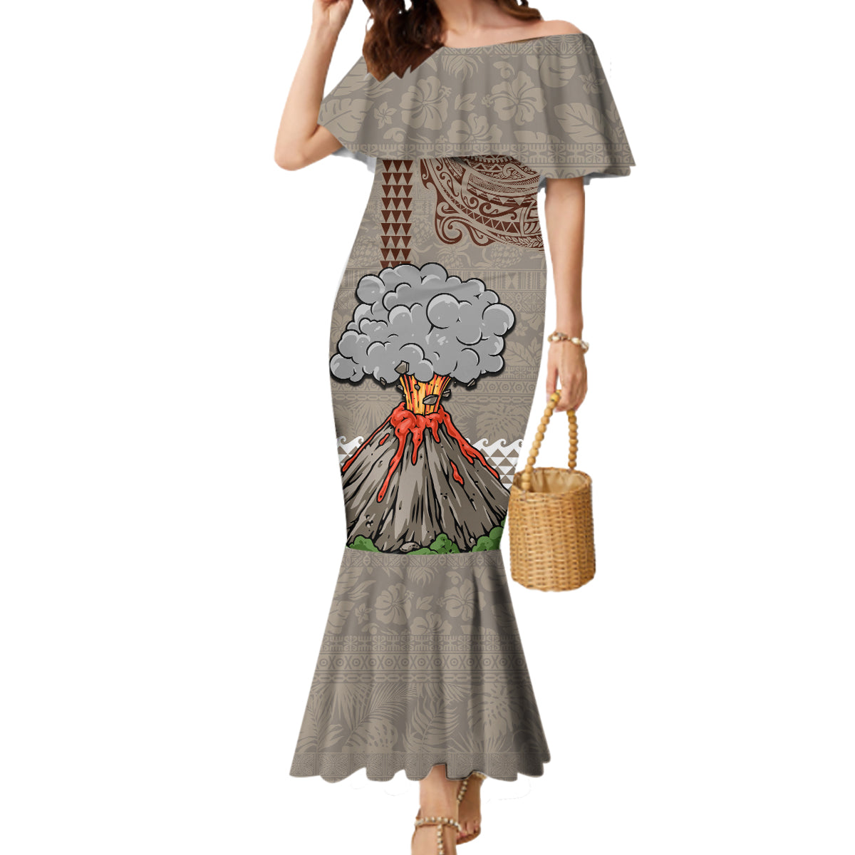 Hawaii Mermaid Dress Aloha Volcano Mix Kakau Hawaiian Tribal LT03 Women Beige - Polynesian Pride