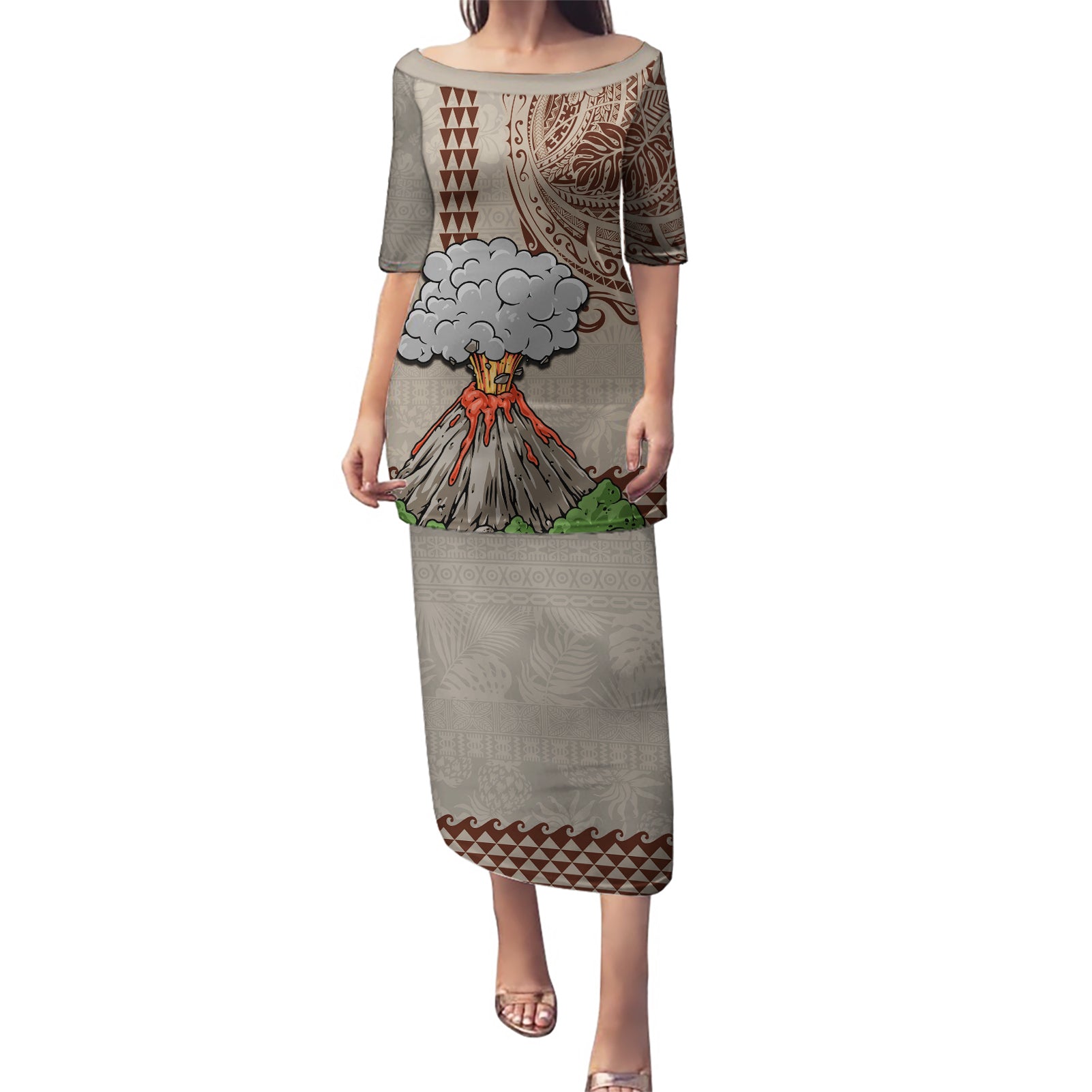 Hawaii Puletasi Aloha Volcano Mix Kakau Hawaiian Tribal LT03 Long Dress Beige - Polynesian Pride