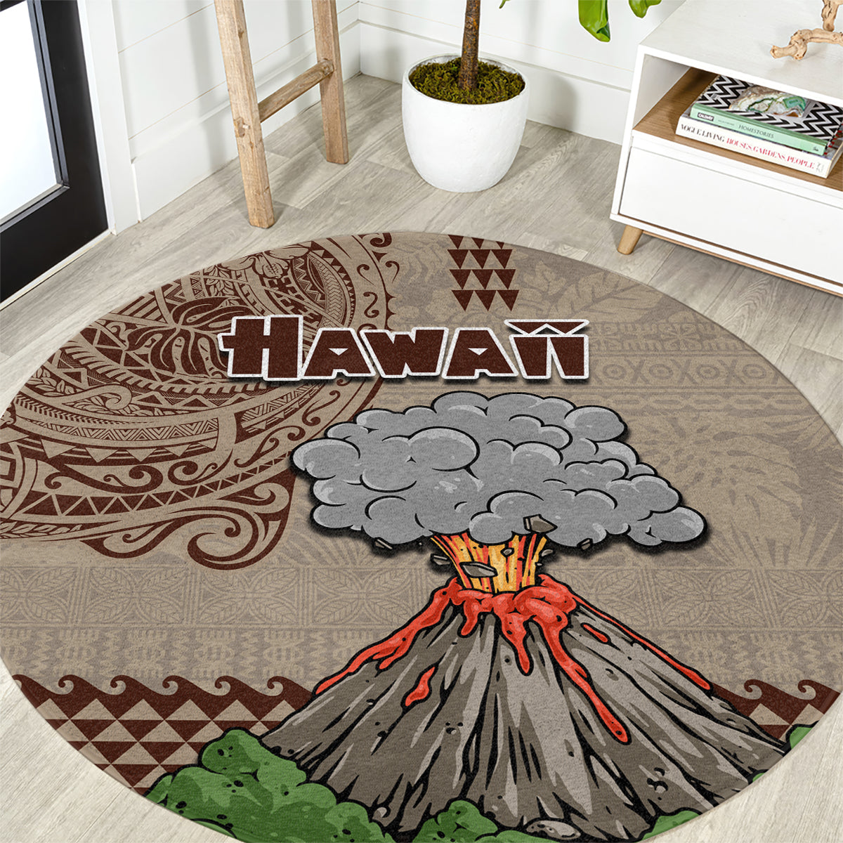 Hawaii Round Carpet Aloha Volcano Mix Kakau Hawaiian Tribal LT03 Beige - Polynesian Pride