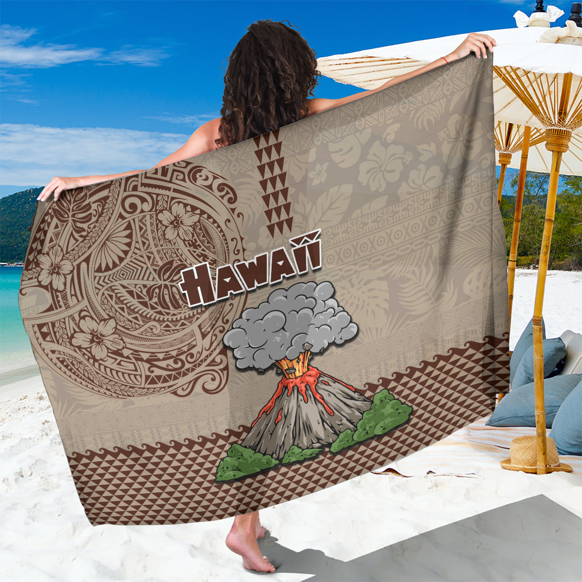 Hawaii Sarong Aloha Volcano Mix Kakau Hawaiian Tribal LT03 One Size 44 x 66 inches Beige - Polynesian Pride