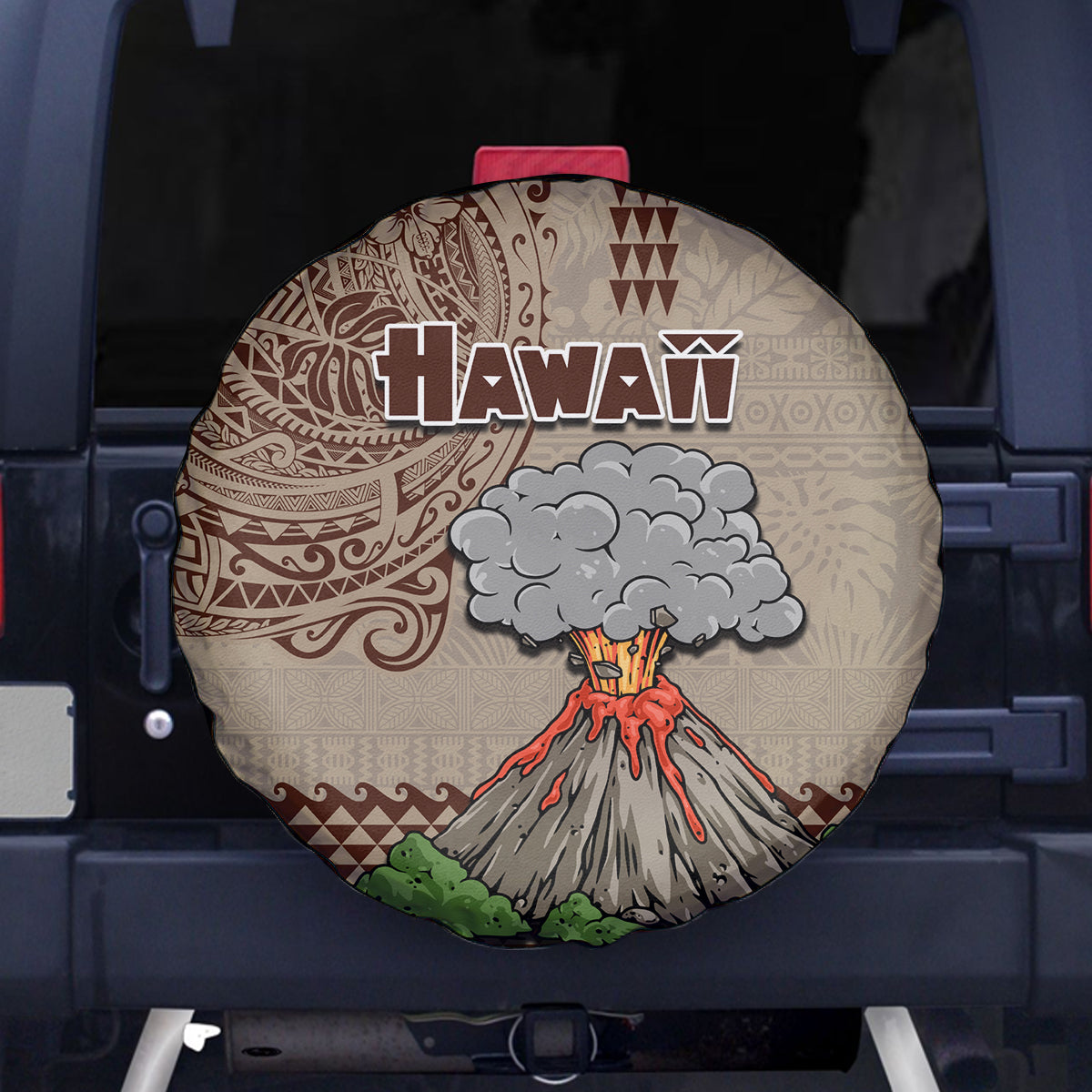 Hawaii Spare Tire Cover Aloha Volcano Mix Kakau Hawaiian Tribal LT03 Beige - Polynesian Pride