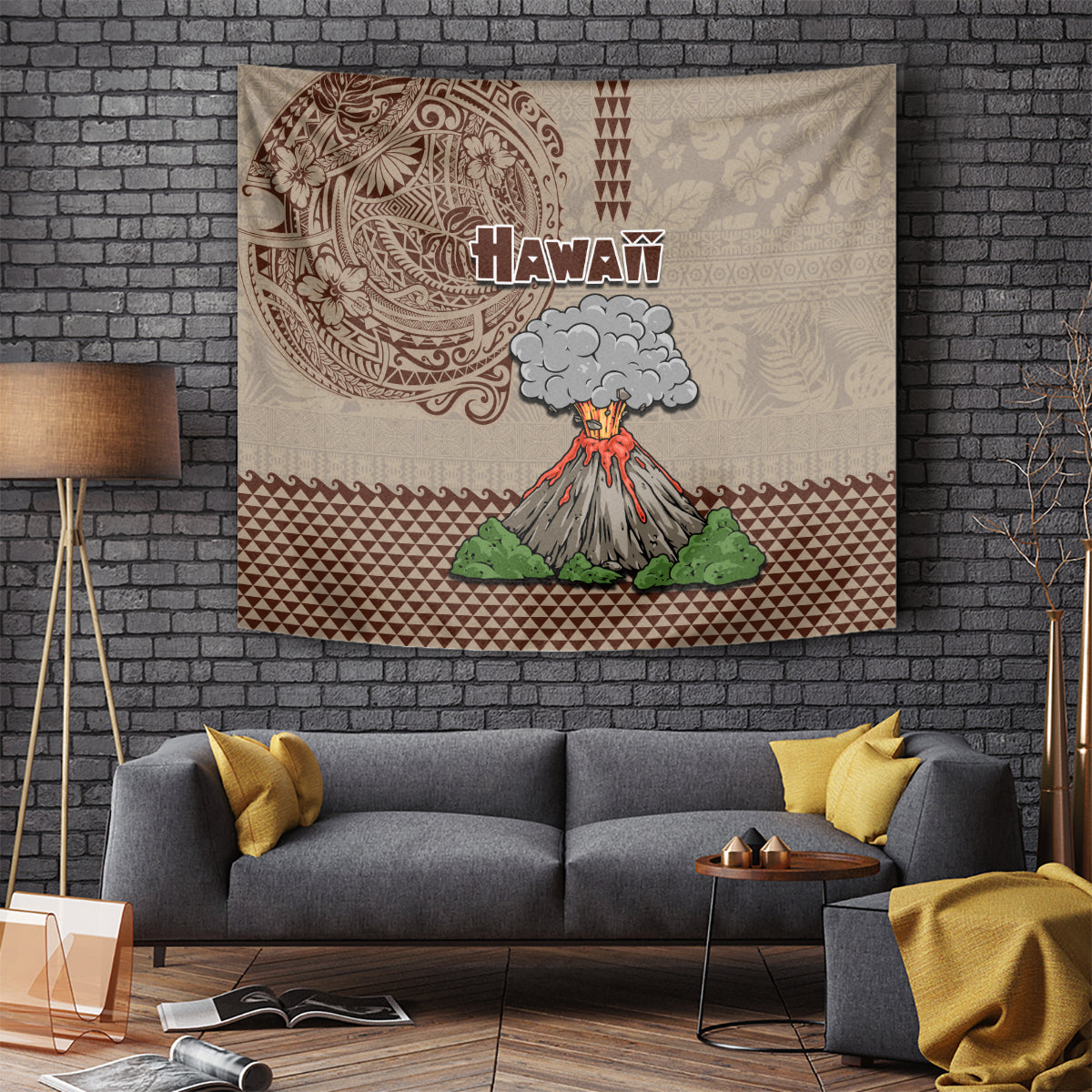 Hawaii Tapestry Aloha Volcano Mix Kakau Hawaiian Tribal LT03 Beige - Polynesian Pride