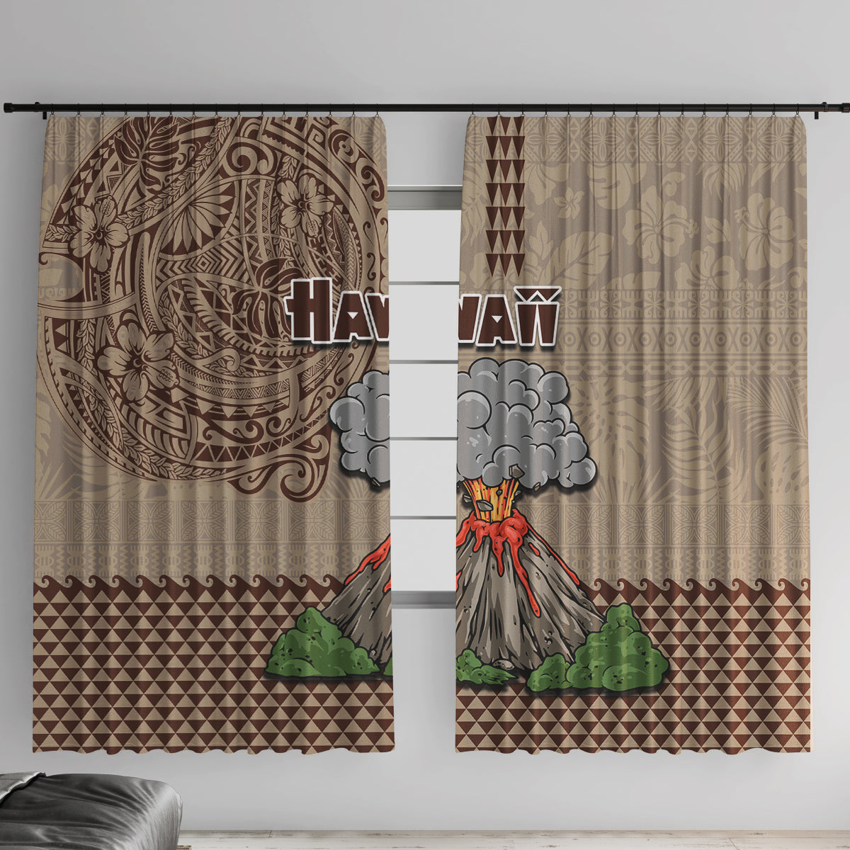 Hawaii Window Curtain Aloha Volcano Mix Kakau Hawaiian Tribal LT03 With Hooks Beige - Polynesian Pride