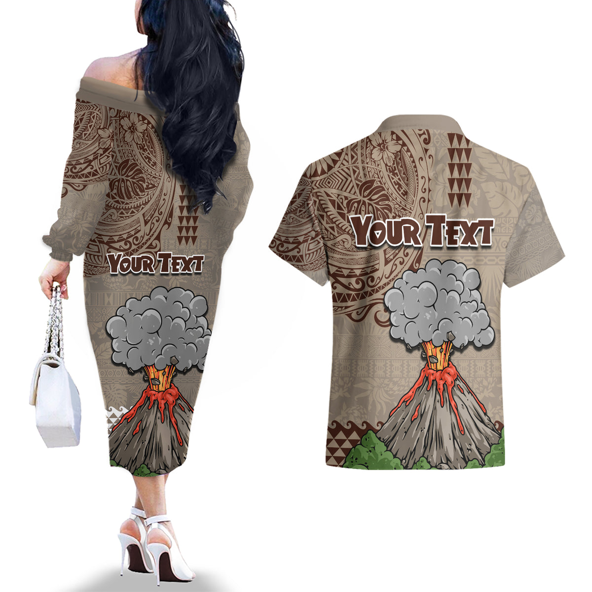 Aloha Volcano Custom Couples Matching Off The Shoulder Long Sleeve Dress and Hawaiian Shirt Mix Hawaiian Kakau Tribal LT03 - Polynesian Pride