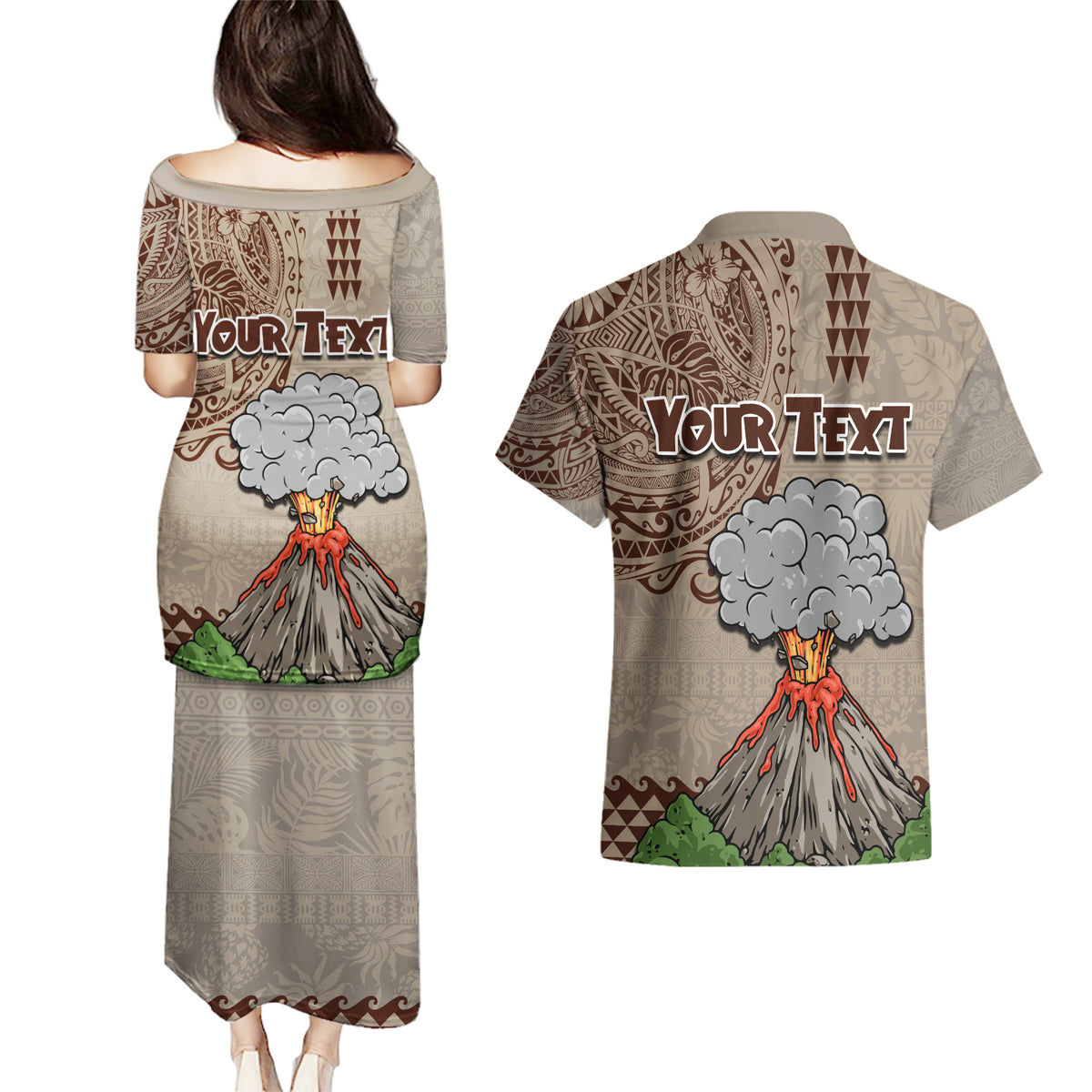 Aloha Volcano Custom Couples Matching Puletasi Dress and Hawaiian Shirt Mix Hawaiian Kakau Tribal LT03 - Polynesian Pride