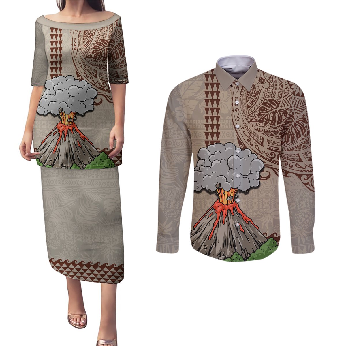 Aloha Volcano Custom Couples Matching Puletasi Dress and Long Sleeve Button Shirt Mix Hawaiian Kakau Tribal LT03 Beige - Polynesian Pride