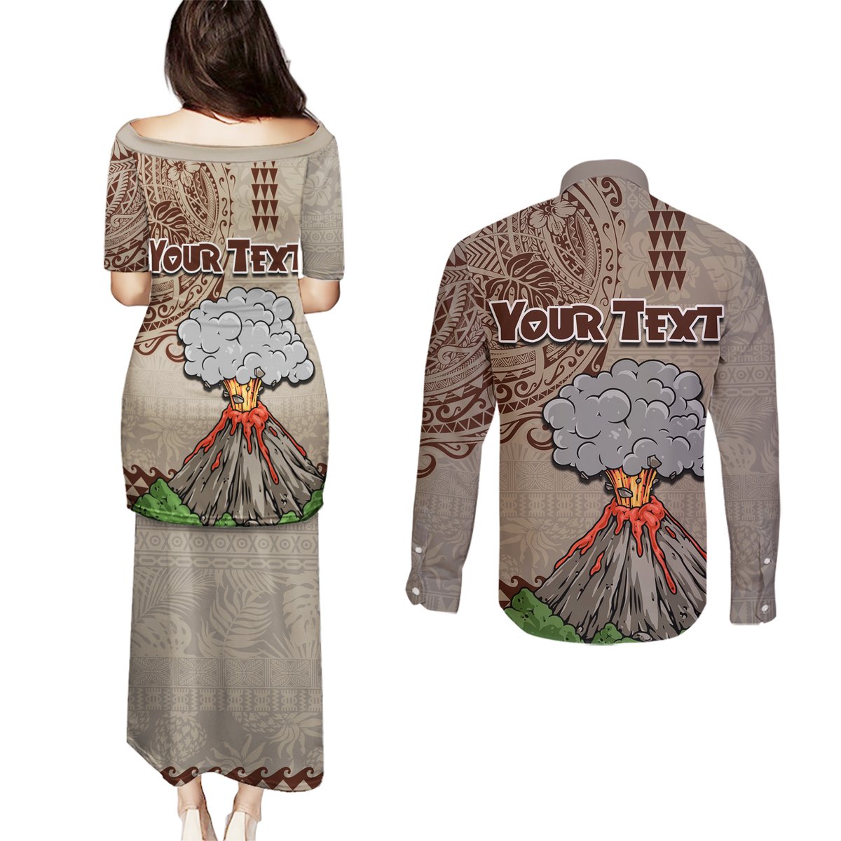 Aloha Volcano Custom Couples Matching Puletasi Dress and Long Sleeve Button Shirt Mix Hawaiian Kakau Tribal LT03 - Polynesian Pride