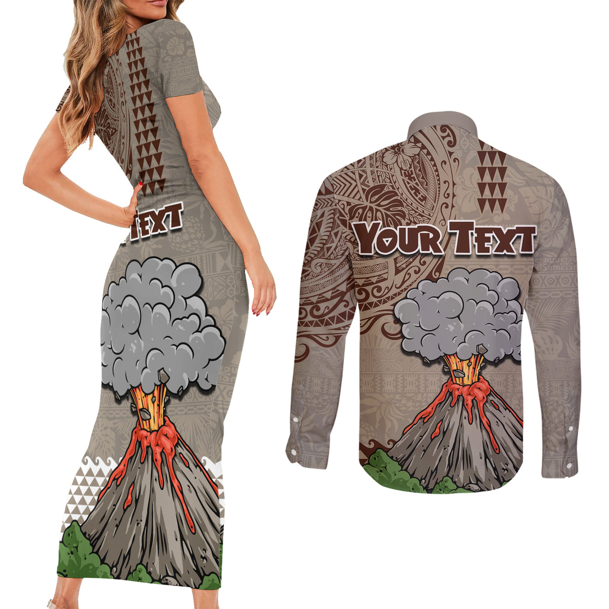 Aloha Volcano Custom Couples Matching Short Sleeve Bodycon Dress and Long Sleeve Button Shirt Mix Hawaiian Kakau Tribal LT03 - Polynesian Pride