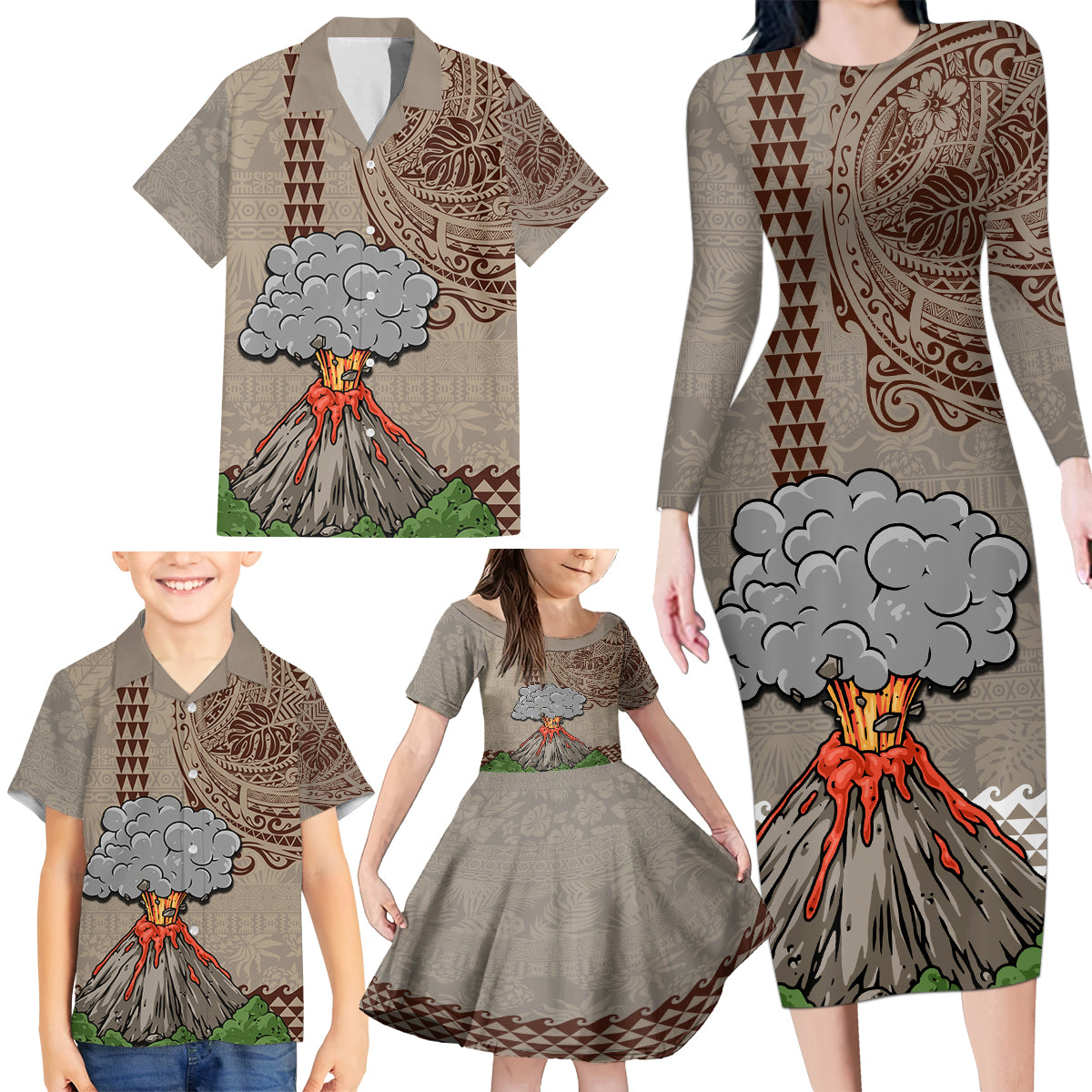 Aloha Volcano Custom Family Matching Long Sleeve Bodycon Dress and Hawaiian Shirt Mix Hawaiian Kakau Tribal LT03 - Polynesian Pride