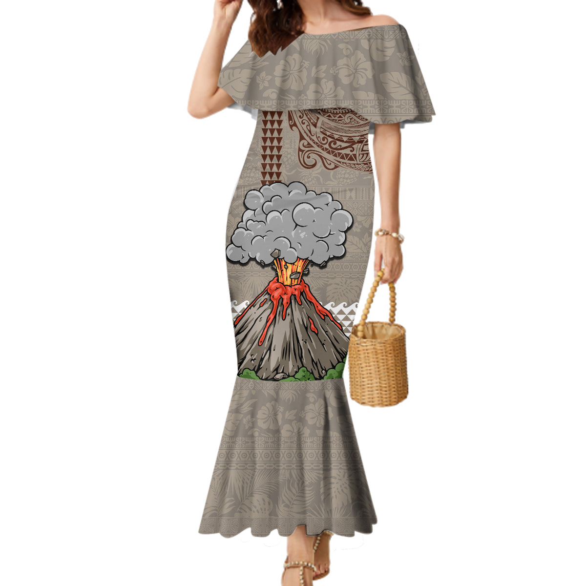 Aloha Volcano Custom Family Matching Mermaid Dress and Hawaiian Shirt Mix Hawaiian Kakau Tribal LT03 Mom's Dress Beige - Polynesian Pride
