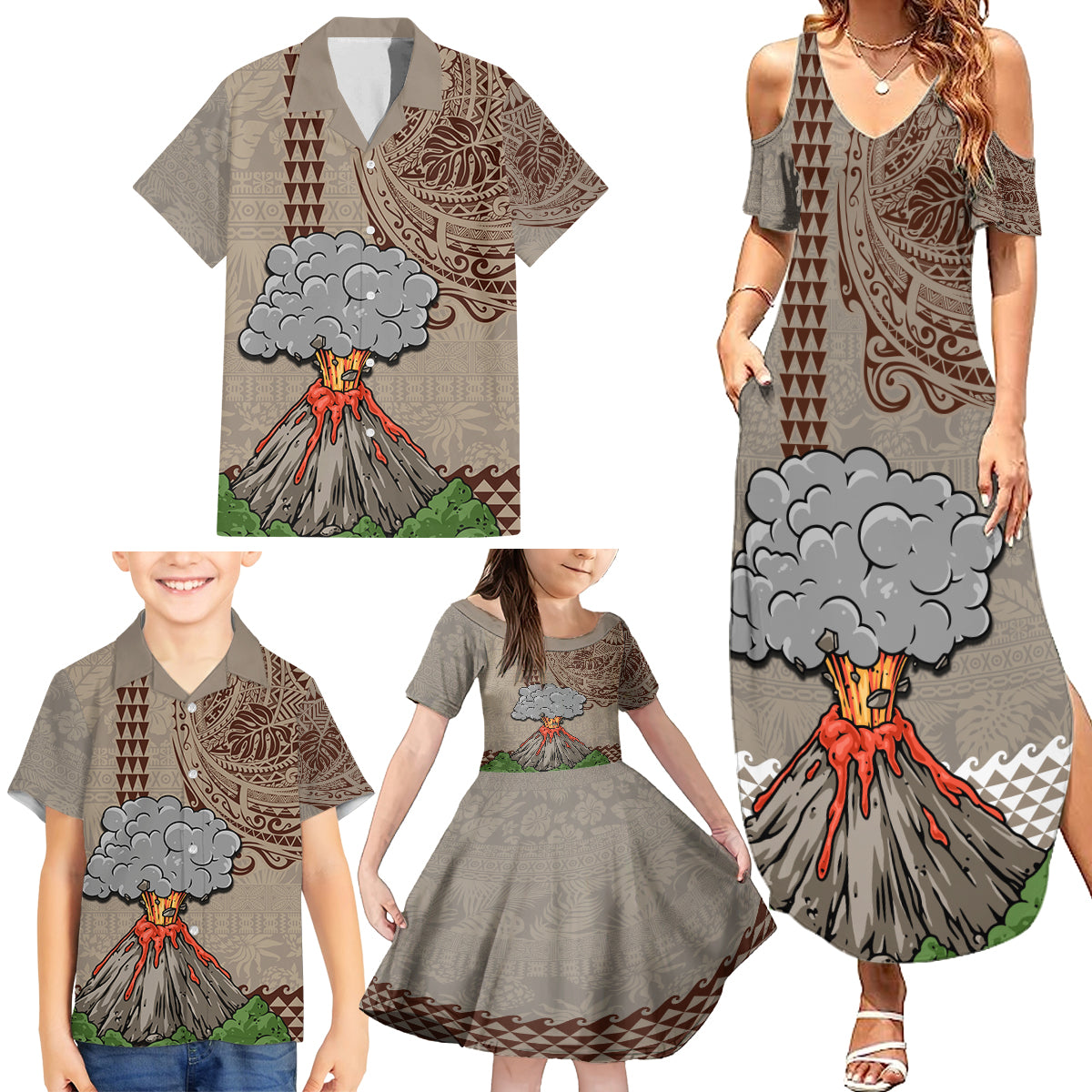 Aloha Volcano Custom Family Matching Summer Maxi Dress and Hawaiian Shirt Mix Hawaiian Kakau Tribal LT03 - Polynesian Pride