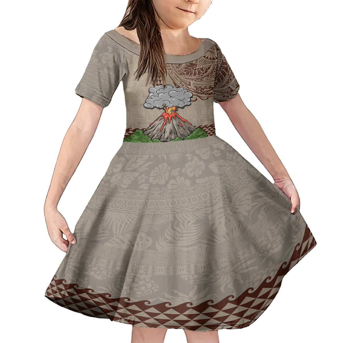 Aloha Volcano Custom Family Matching Tank Maxi Dress and Hawaiian Shirt Mix Hawaiian Kakau Tribal LT03 Daughter's Dress Beige - Polynesian Pride