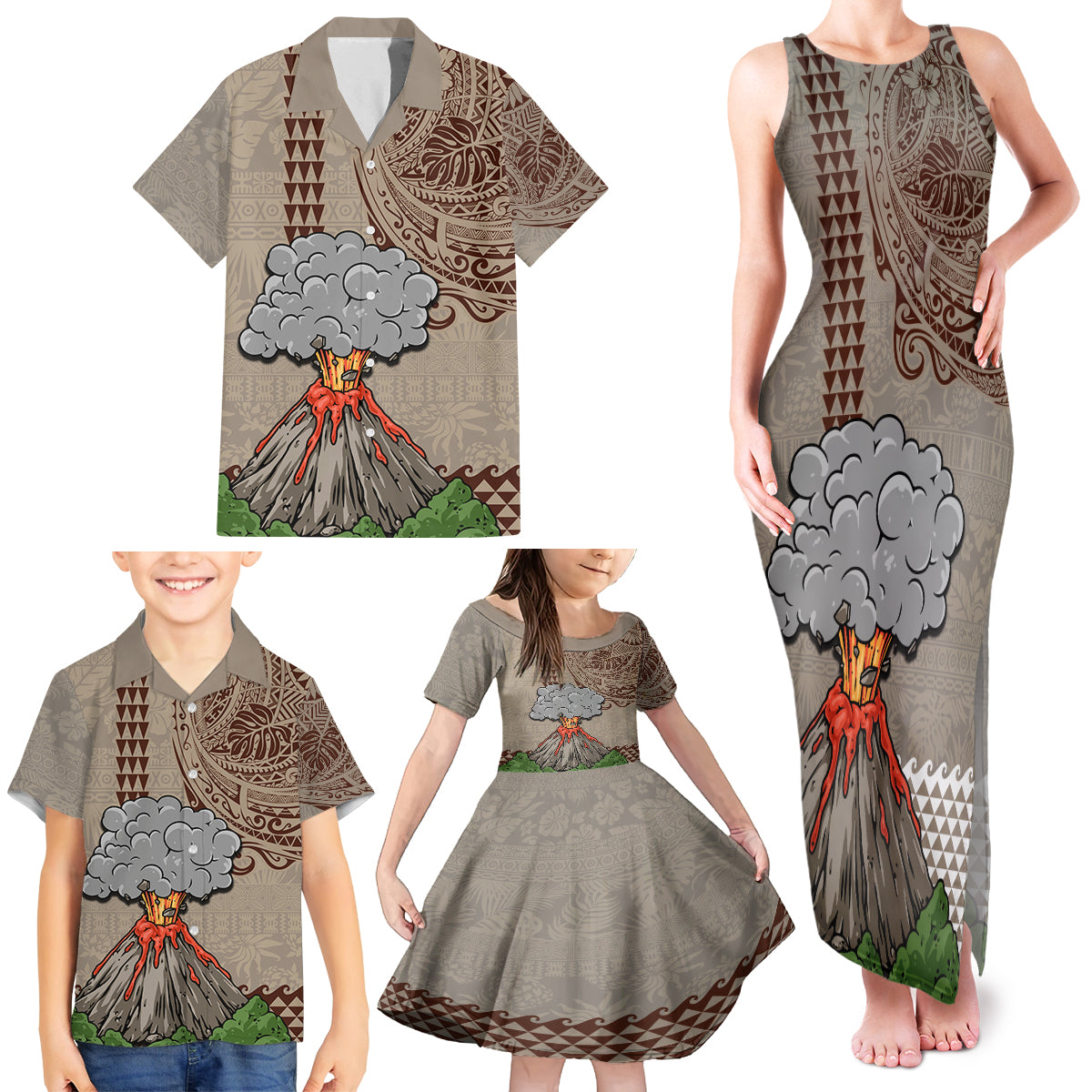 Aloha Volcano Custom Family Matching Tank Maxi Dress and Hawaiian Shirt Mix Hawaiian Kakau Tribal LT03 - Polynesian Pride