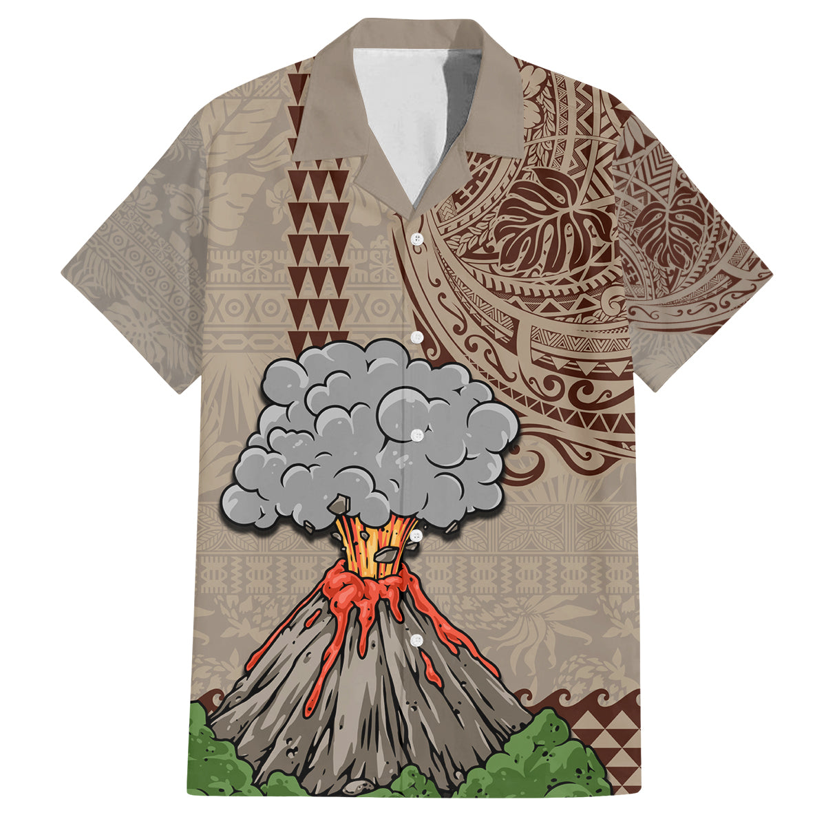 Aloha Volcano Custom Family Matching Tank Maxi Dress and Hawaiian Shirt Mix Hawaiian Kakau Tribal LT03 Dad's Shirt - Short Sleeve Beige - Polynesian Pride