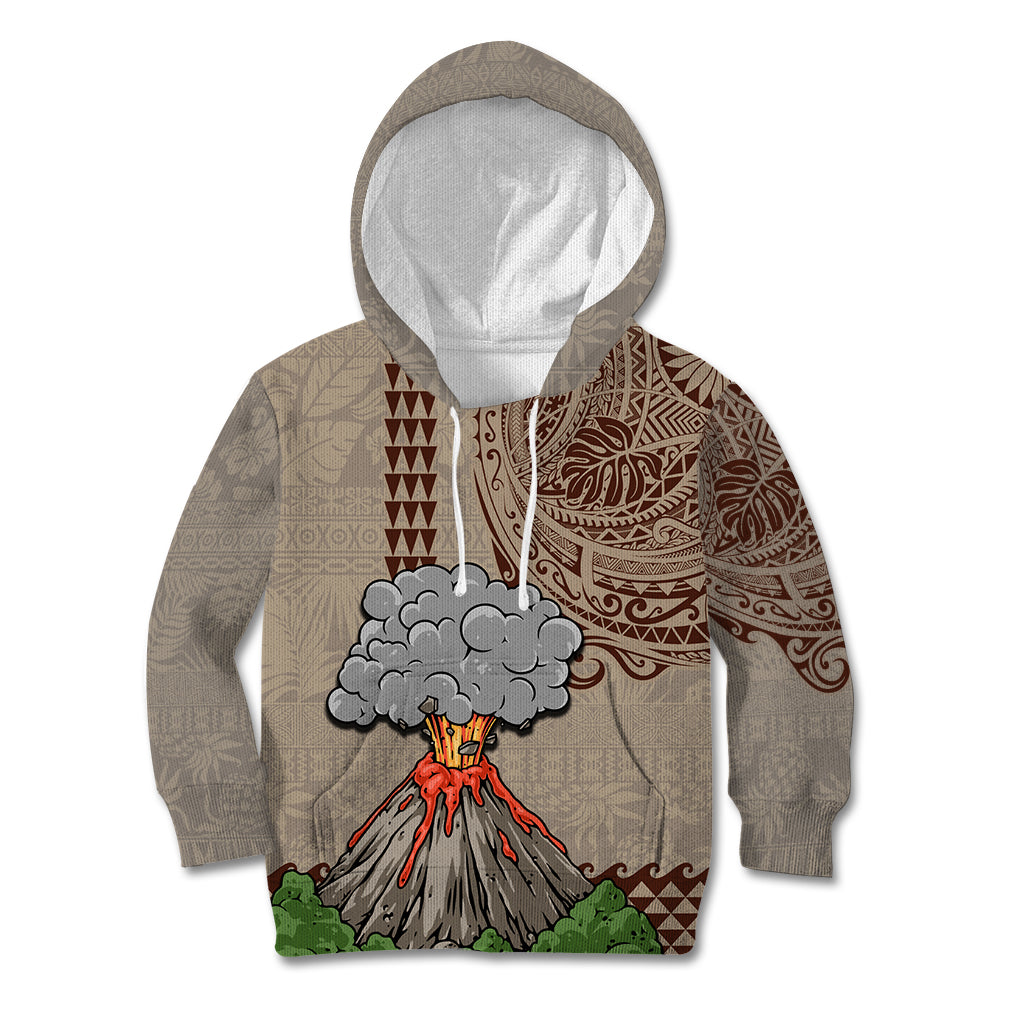 Aloha Volcano Custom Kid Hoodie Mix Hawaiian Kakau Tribal LT03 Beige - Polynesian Pride