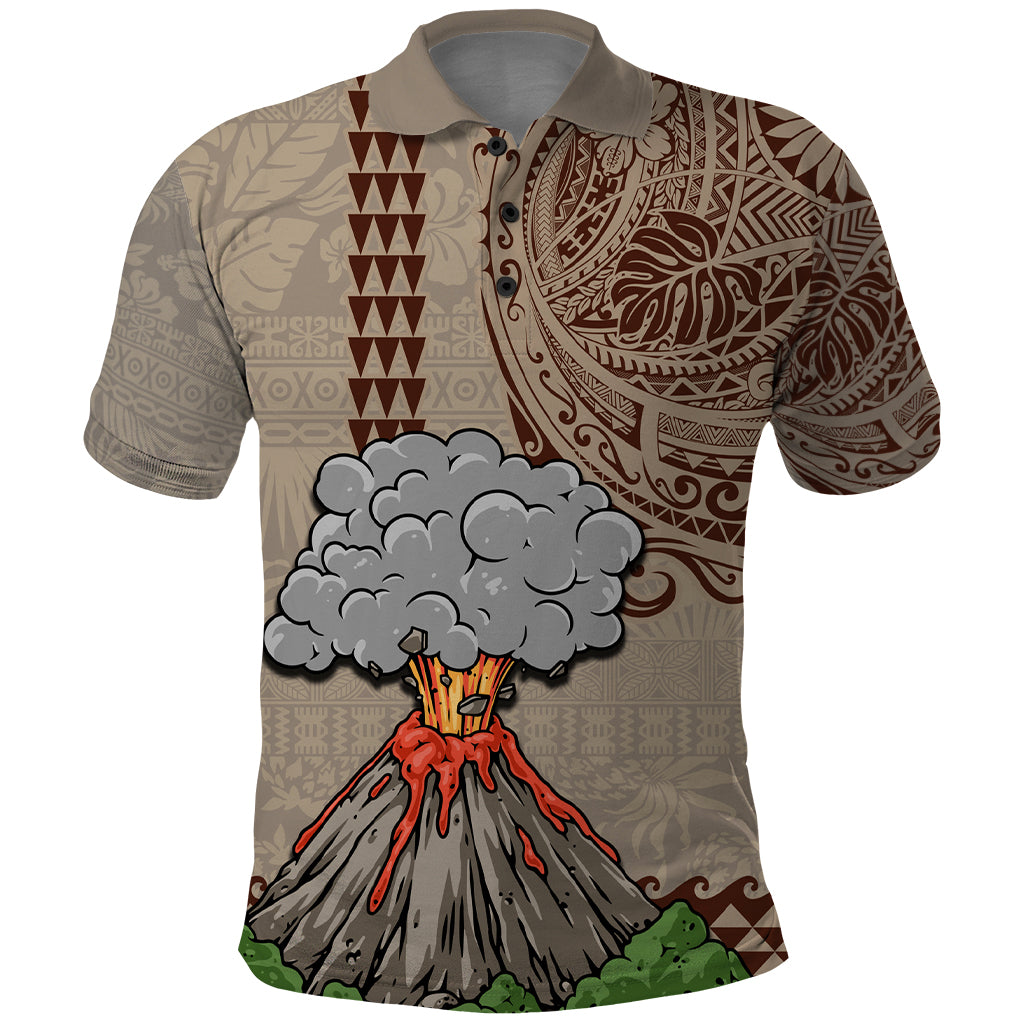 Aloha Volcano Custom Polo Shirt Mix Hawaiian Kakau Tribal LT03 Beige - Polynesian Pride