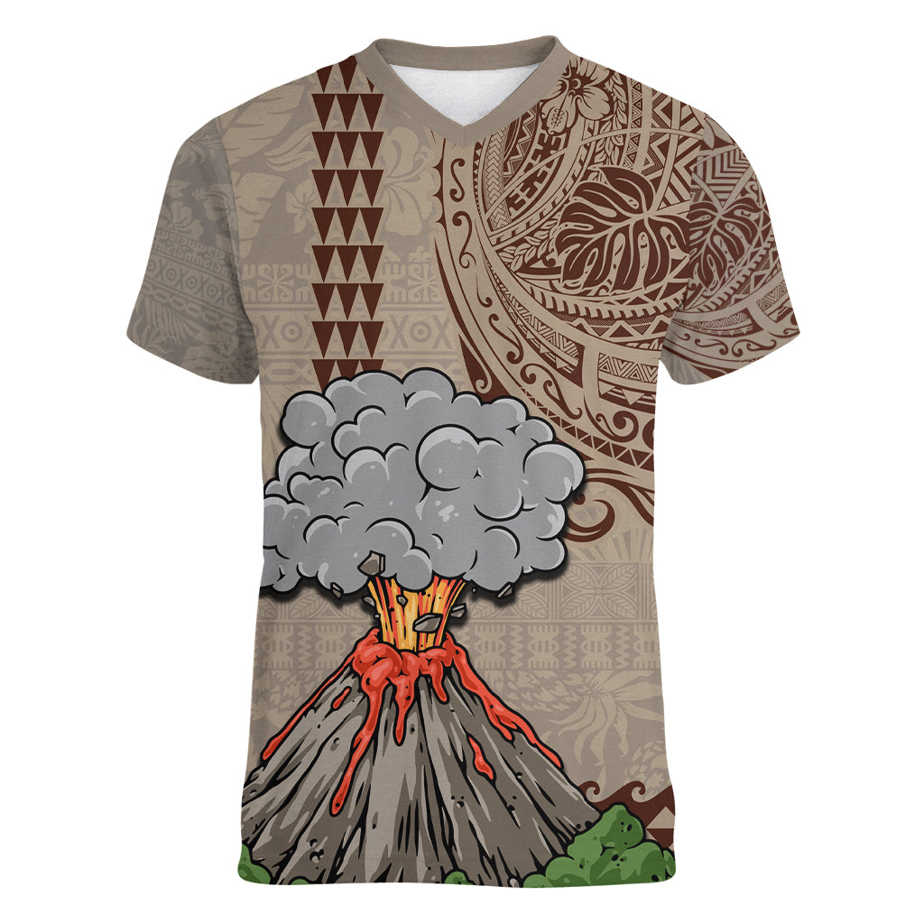 Aloha Volcano Custom Women V Neck T Shirt Mix Hawaiian Kakau Tribal LT03 Female Beige - Polynesian Pride