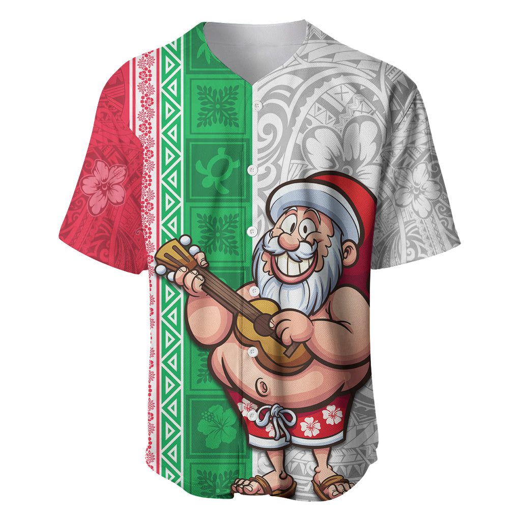 Hawaii Mele Kalikimaka Baseball Jersey Santa Playing Ukele Mix Kakau Pattern Xmas Style LT03 Red - Polynesian Pride