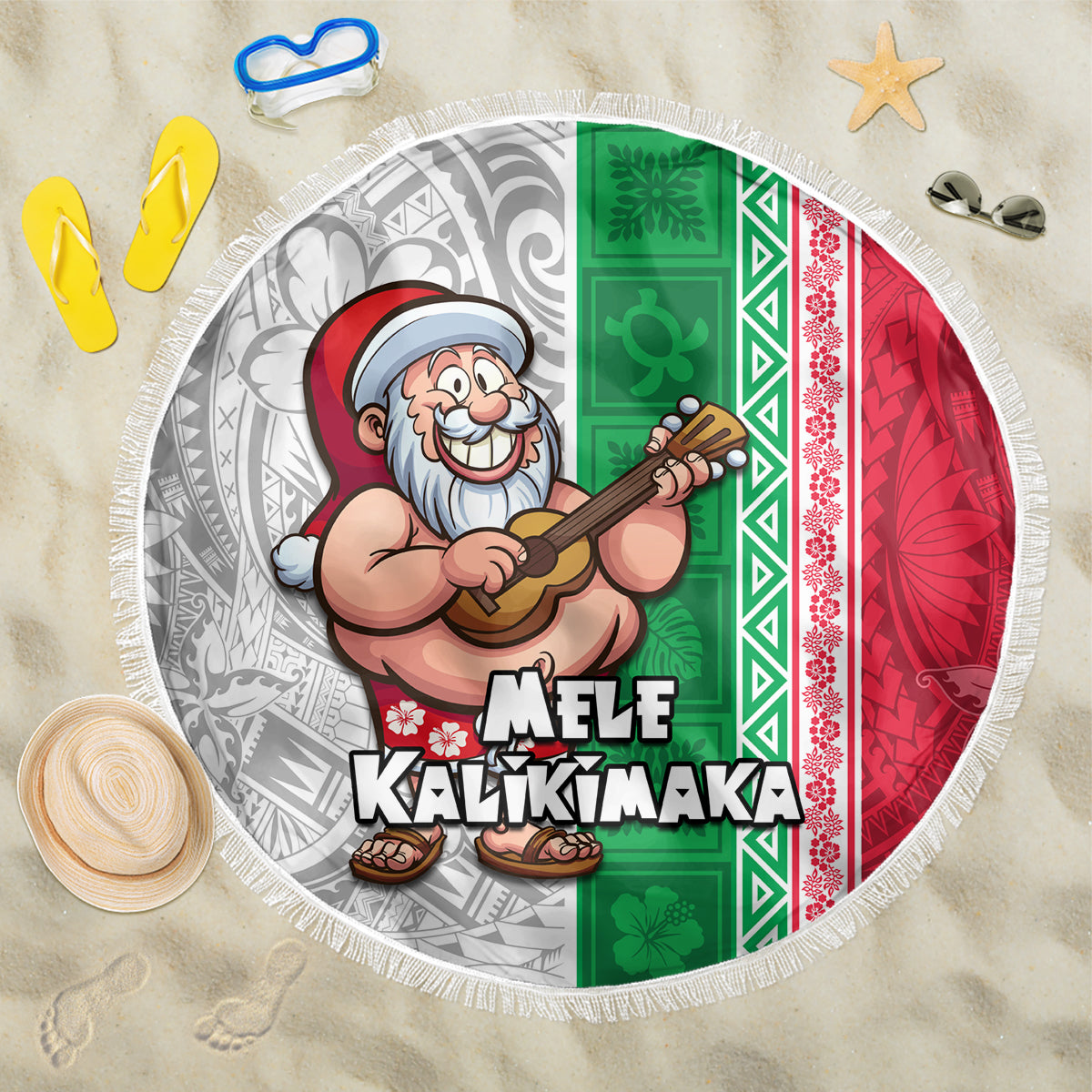 Hawaii Mele Kalikimaka Beach Blanket Santa Playing Ukele Mix Kakau Pattern Xmas Style LT03 One Size 150cm Red - Polynesian Pride