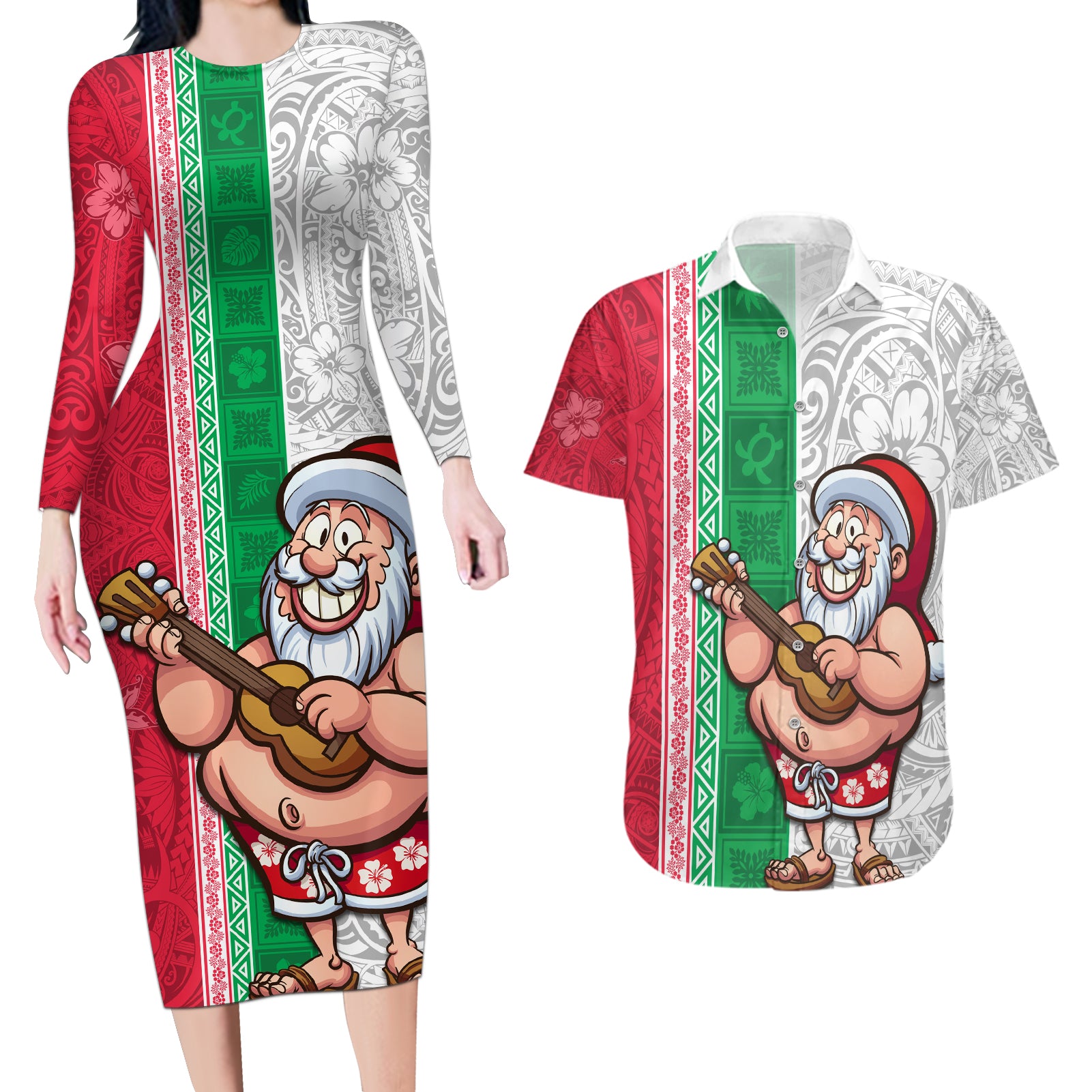 Hawaii Mele Kalikimaka Couples Matching Long Sleeve Bodycon Dress and Hawaiian Shirt Santa Playing Ukele Mix Kakau Pattern Xmas Style LT03 Red - Polynesian Pride