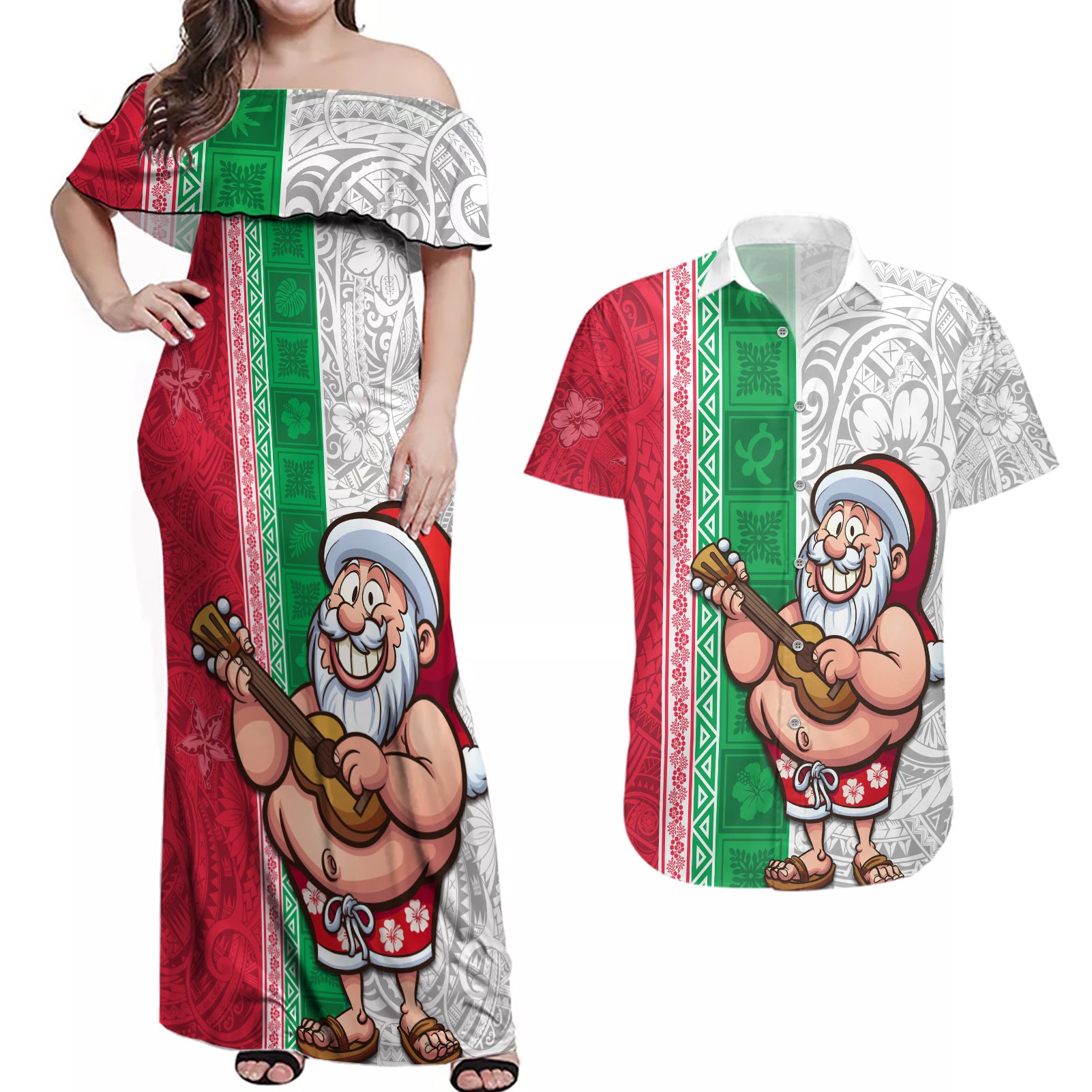 Hawaii Mele Kalikimaka Couples Matching Off Shoulder Maxi Dress and Hawaiian Shirt Santa Playing Ukele Mix Kakau Pattern Xmas Style LT03 Red - Polynesian Pride