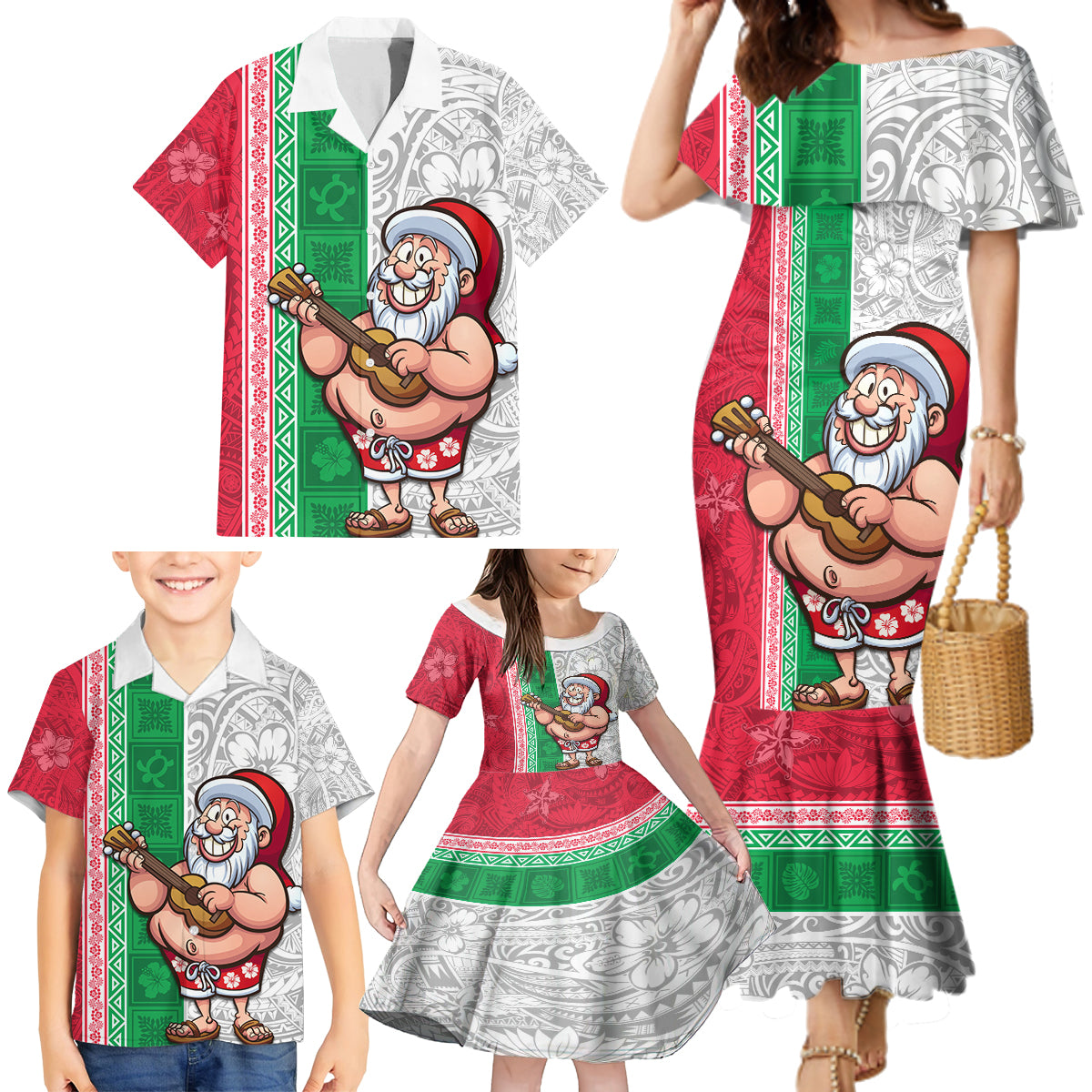 Hawaii Mele Kalikimaka Family Matching Mermaid Dress and Hawaiian Shirt Santa Playing Ukele Mix Kakau Pattern Xmas Style LT03 - Polynesian Pride