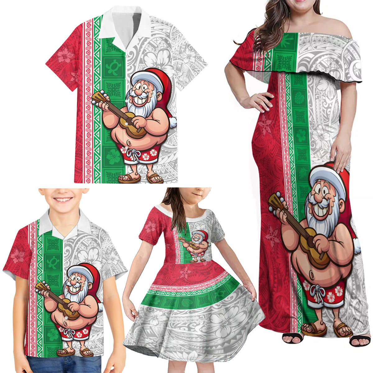 Hawaii Mele Kalikimaka Family Matching Off Shoulder Maxi Dress and Hawaiian Shirt Santa Playing Ukele Mix Kakau Pattern Xmas Style LT03 - Polynesian Pride